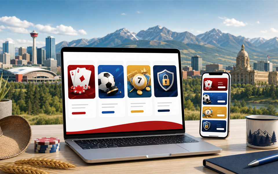 PlayNow Alberta dashboard with lottery and sports motifs